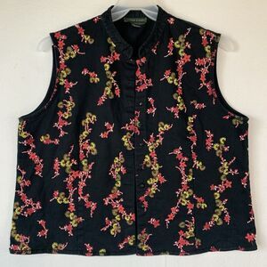 British Khaki Vest Women 1X Black Denim Snap Buttons Beaded Boho Artsy Floral